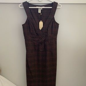 Burgundy plaid mid length dress.